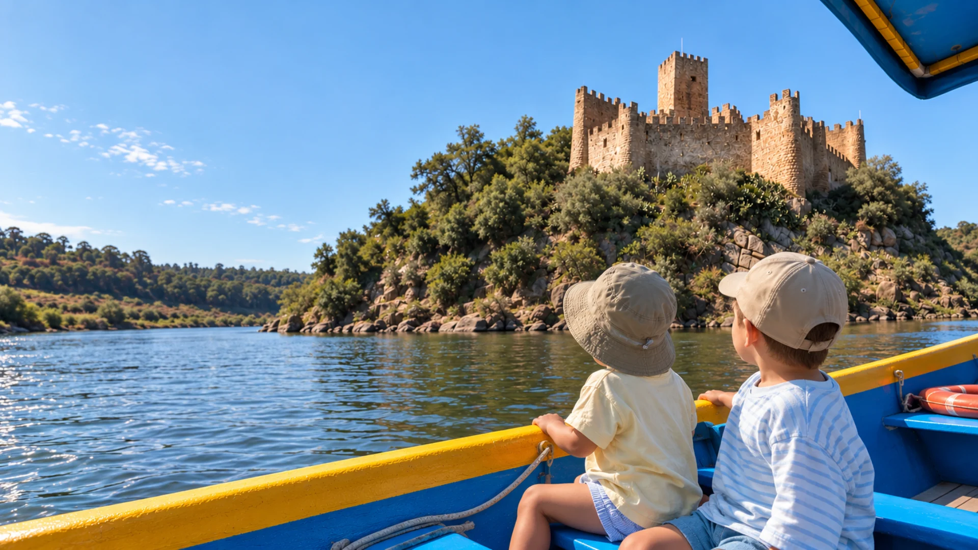 Crianças num barco a observar um castelo numa ilha em Portugal